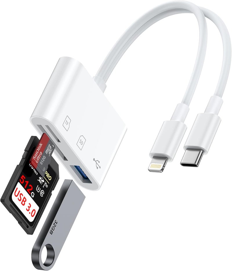 Haoano SD Card Reader for iPhone, iPad, Samsung, Memory SD Card Reader USB C&Lightning Dual Port Micro SD Card Reader with USB Camera Adapter Plug and Play Trail Game Camera Card Viewer Supports SD/TF Card - Image 1